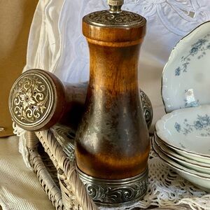 Vintage Wooden Salt Shaker & Pepper Mill with Silver Accents